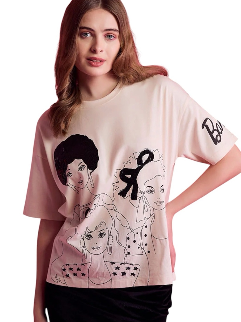 Barbie x KAZO Oversized Sequined Graphic T-Shirt Cream Black size XSmall